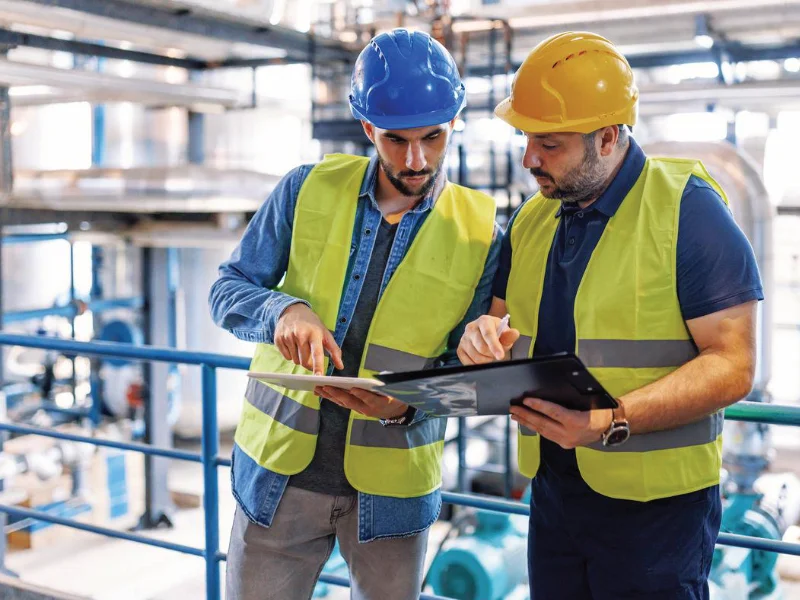 Safety consultant reviewing facility safety audit recommendations with management